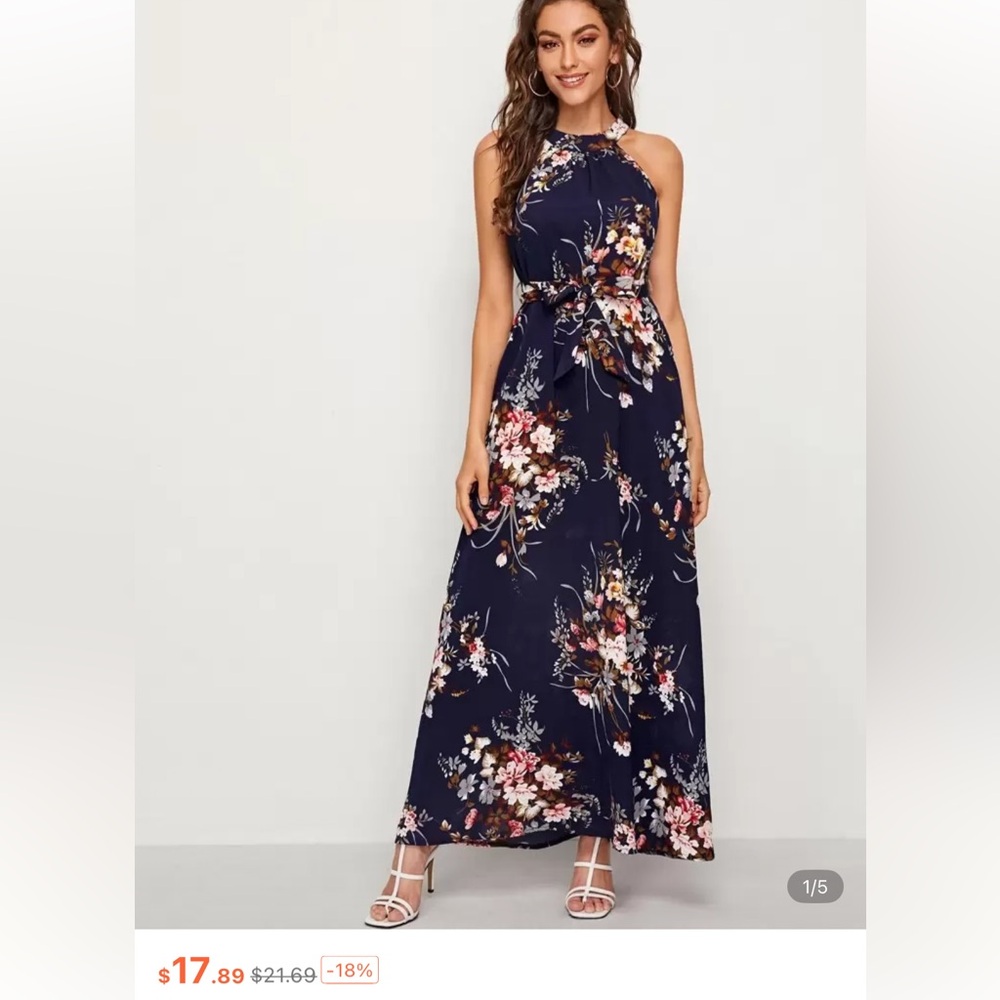 Floral Maxi Dress - navy and Pink